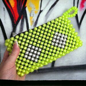 Y2K Neon Yellow Beaded Wristlet Bag Clutch Glow‎ In Black Light Vtg Purse